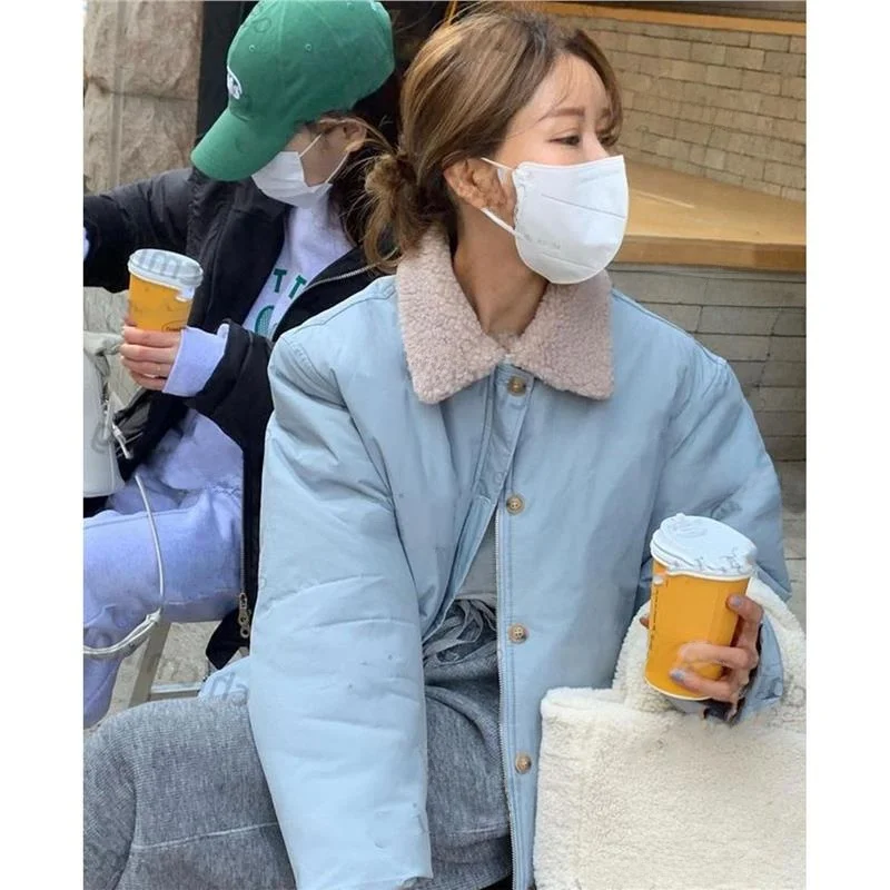 

Thiened Loose Cotton Jaet Women's Sle Gentle Autumn Winter New Model Blue Patchwork Turn-down Collar Commute Faion