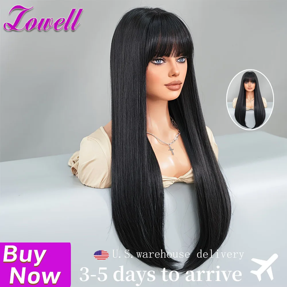 

Парик из натуральных волос с прямой стрижкой и челкой, 30 дюймов, с предварительно выщипанной линией роста волос, цвет 1B, мягкий и шелковистый, для женщин