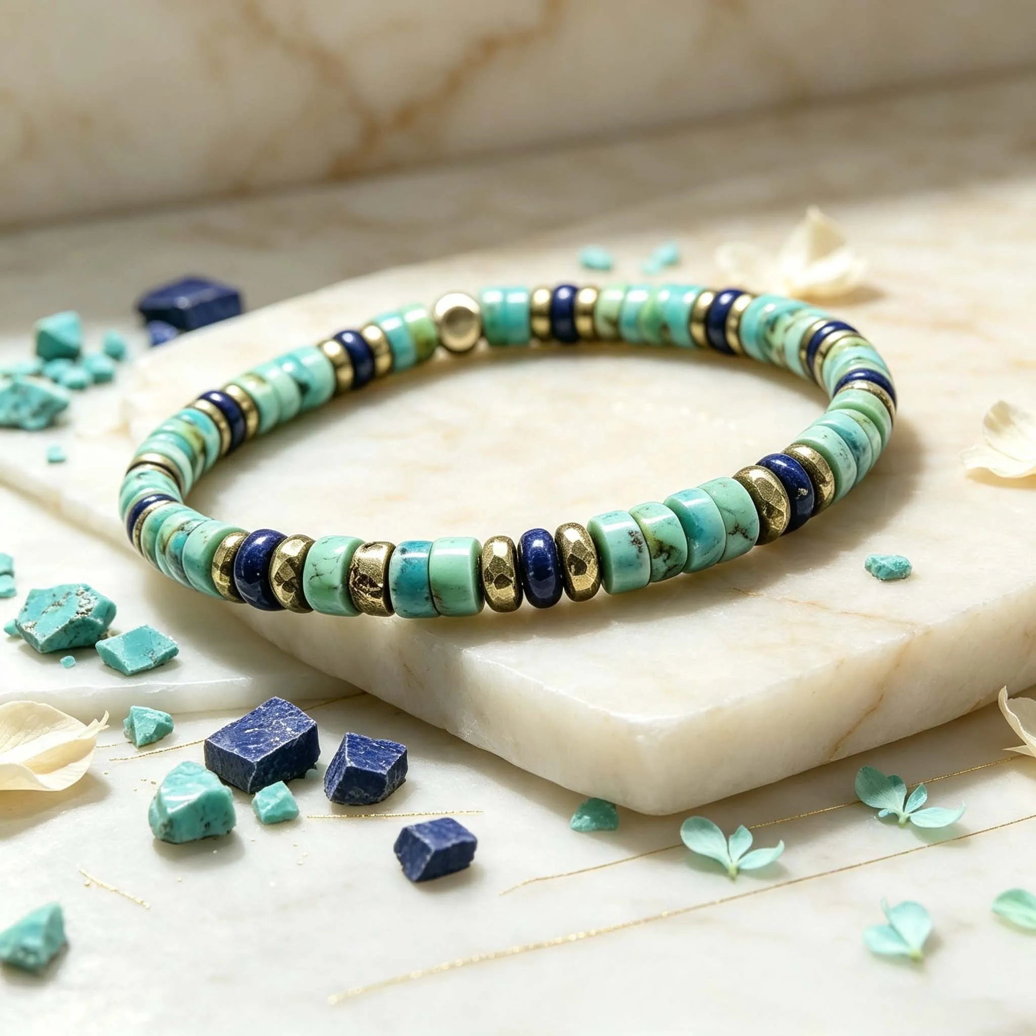 1pc Retro style natural turquoise, lapis lazuli, pyrite, flat bead elastic bead bracelet for men's daily wrist accessories