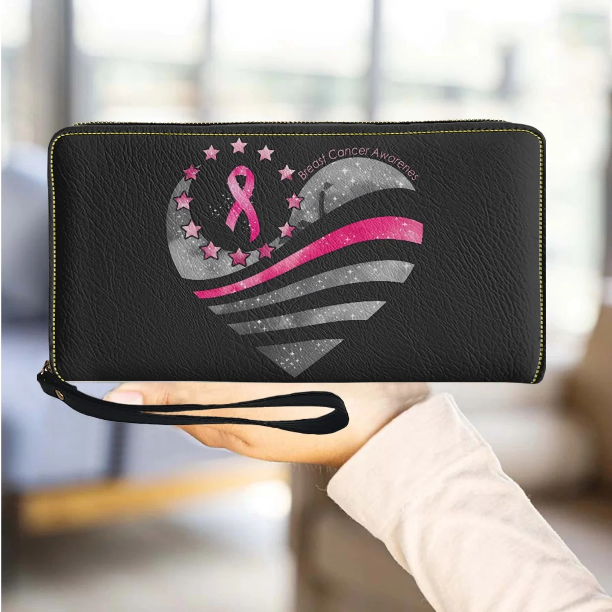 

Breast Cancer Awareness Heart Shape Ribbon PU Leather Wallet Elegant Ladies Party Fashion Long Wristband Clutch Card Holder 2023