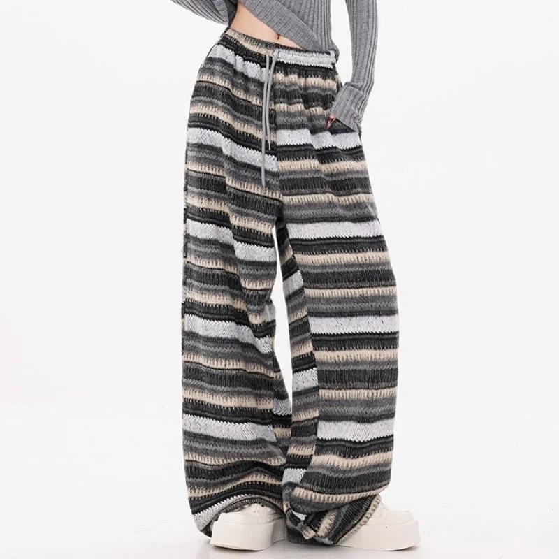 Casual Striped Woolen Pants Women 2025 New Autumn and Winter Thick Retro Hanging High Waist