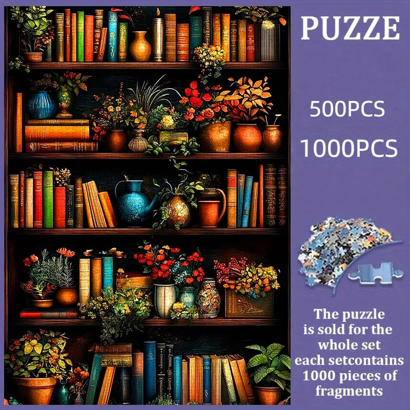 

2026 puzzle, DIY paper puzzle, flowers and books on the bookshelf, adult puzzle, suitable for home decoration puzzles, leisure