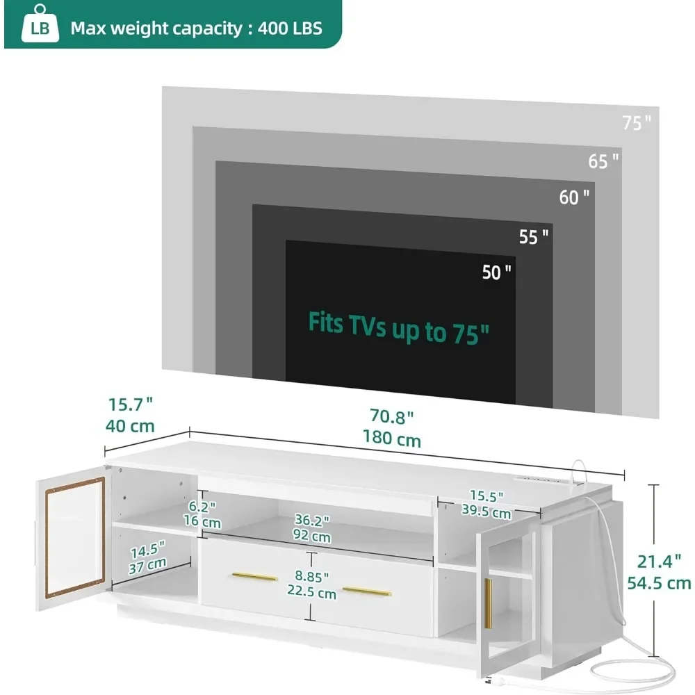 70 "Led Tv-Standaard Met Stopcontacten, Moderne Entertainmentcentrum Media Console Met Opbergladen En Kasten, Ideale Tv-Stands