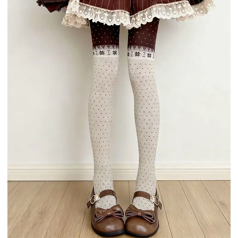 Japanese Style Patchwork Keep Warm Pantyhose Dots Autumn Kawaii JK Girl Christmas Knitted Bottom Socks Tights