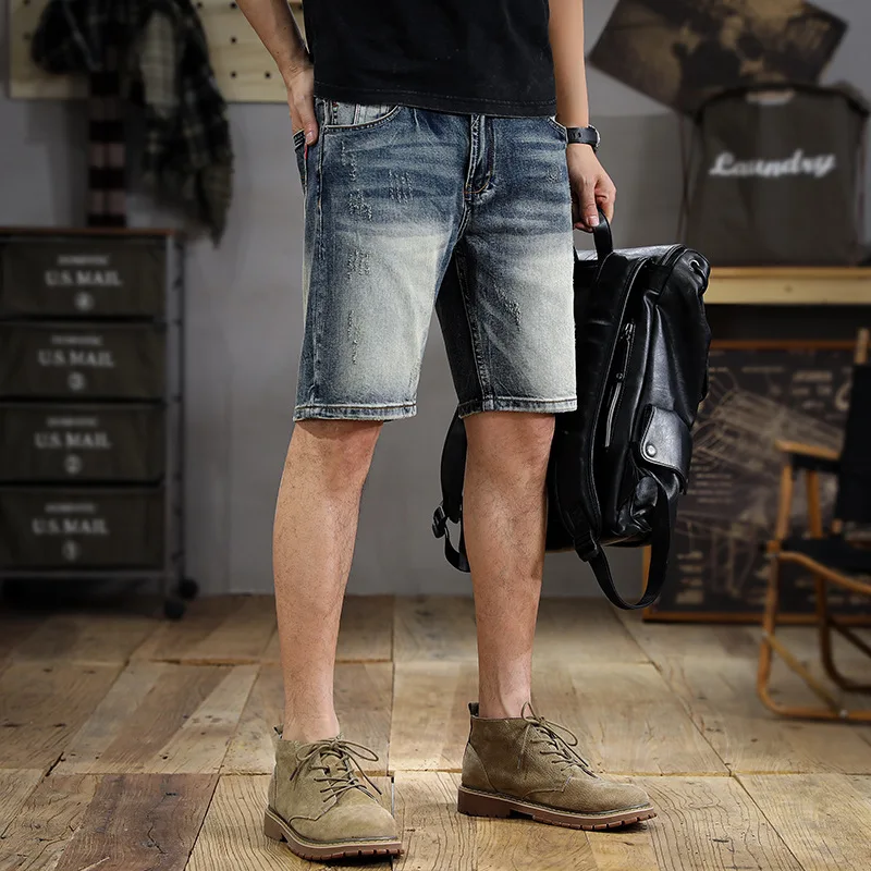 

Street Retro Washed Denim Shorts Men's Summer Fashion Nostalgic Scrape Straight Slim Fit Trendy Capris Middle Pants