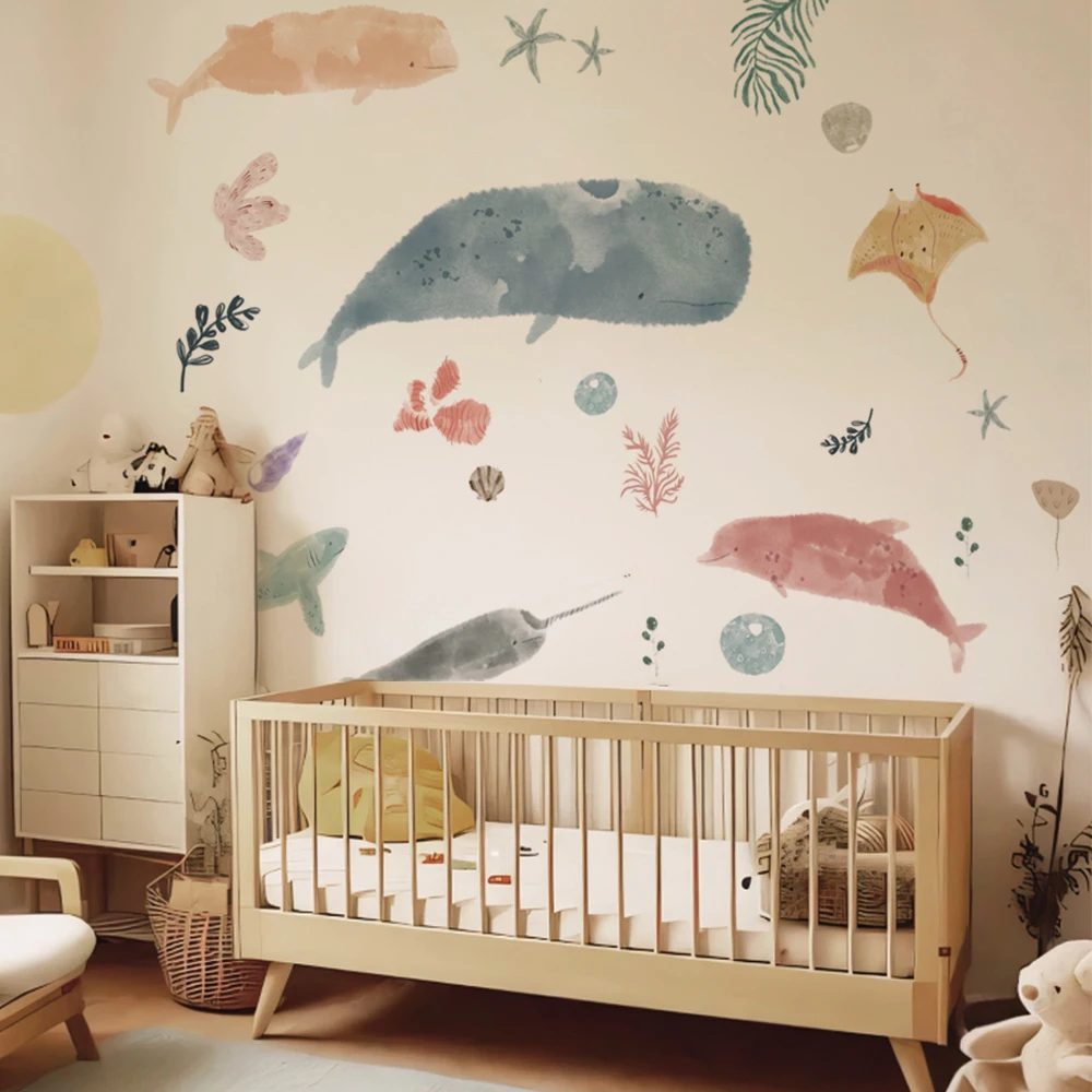 Calcomanía de pared de vida oceánica, decoración de guardería de pelar y pegar, calcomanías de acuarela suaves DIY para decoración extraíble de arte de pared de habitación de bebés