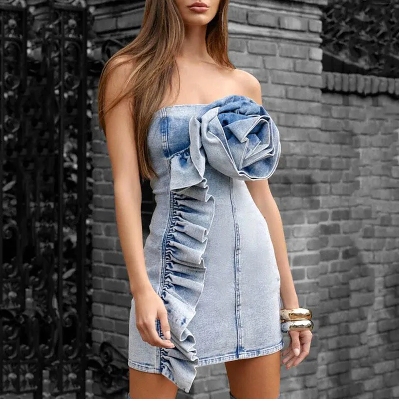ANJY 2025 Summer New Women's High Street Fashion Original Deslgn Sexy Pleated Ruffles Strapless Slim Fit Short Denim Dress A7119