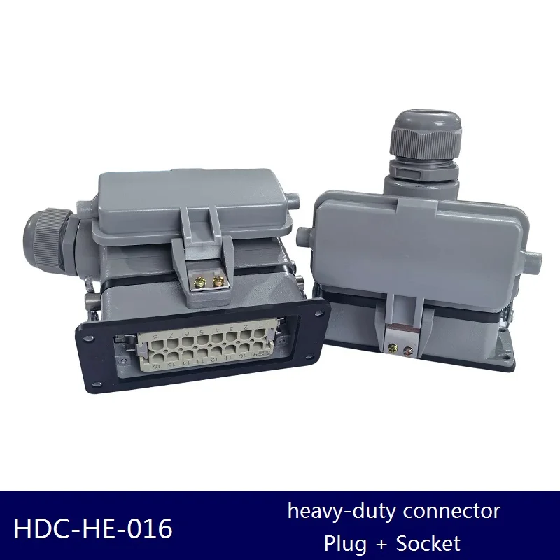 Rectangular Heavy-Duty Connector With Cover HDC-HE Waterproof Aviation 16 Core Pins Plug and Socket 16A 500V Cable Gland PG21