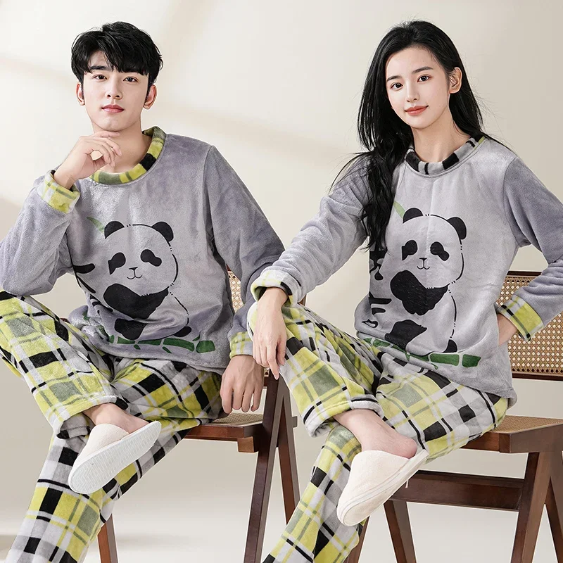 2024 Cartoon Sleepwear Flannel Pajamas Couple Long Sleeves Pyjamas Suit Pijama Women or Men Loungewear Winter Warm Home Clothes