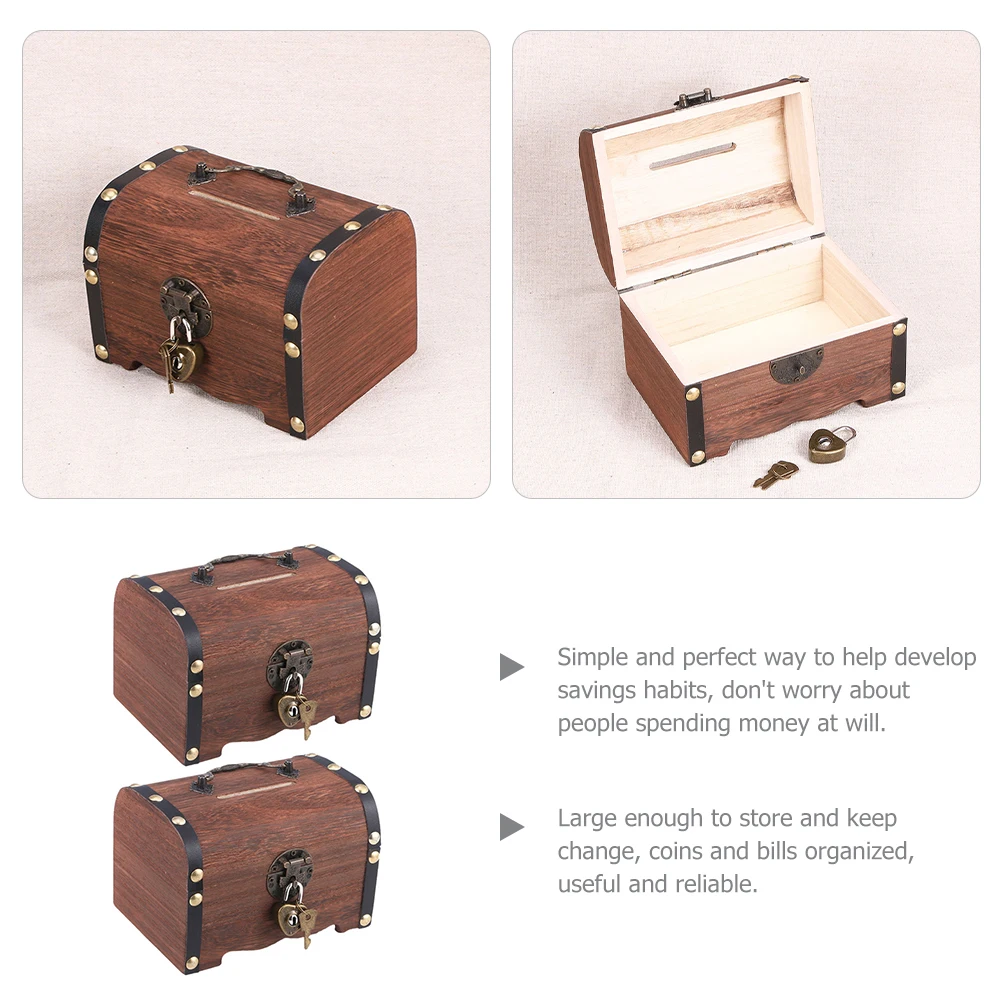

2Pcs Wooden Piggy Bank Boxes Vintage Keepsake Copper Money Jar Decorative Storage Home Office Retro Wooden Box Lock