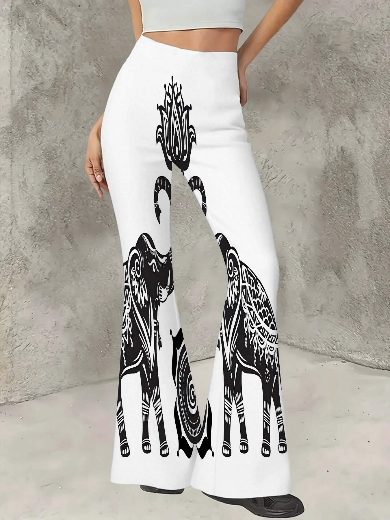 

Women's High Waist Flared Pants Black White Boho Elephant Print Casual Bell Bottoms Streetwear