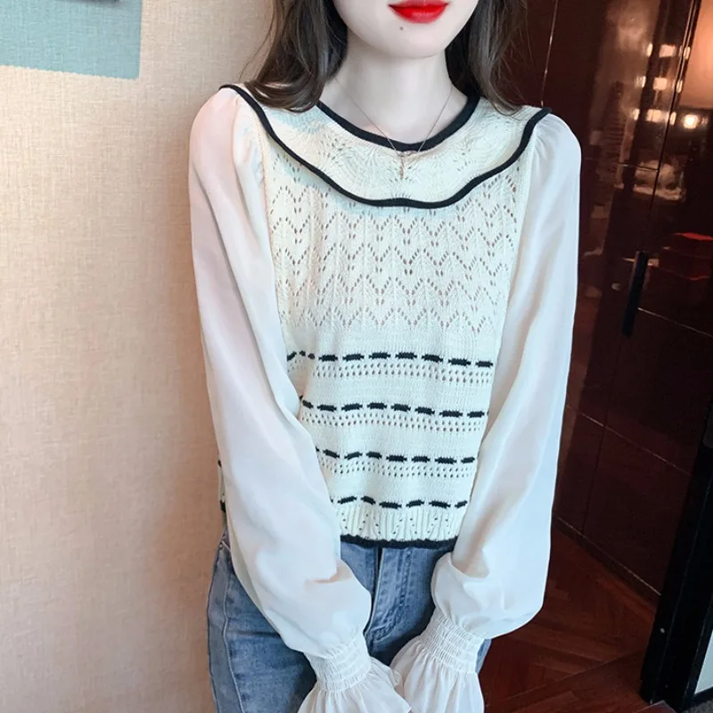 Female Knitted Chiffon Patchwork Top Women's Spring Autumn 2023 New Popular Sweater Western Style Lace Bottoming Shirt