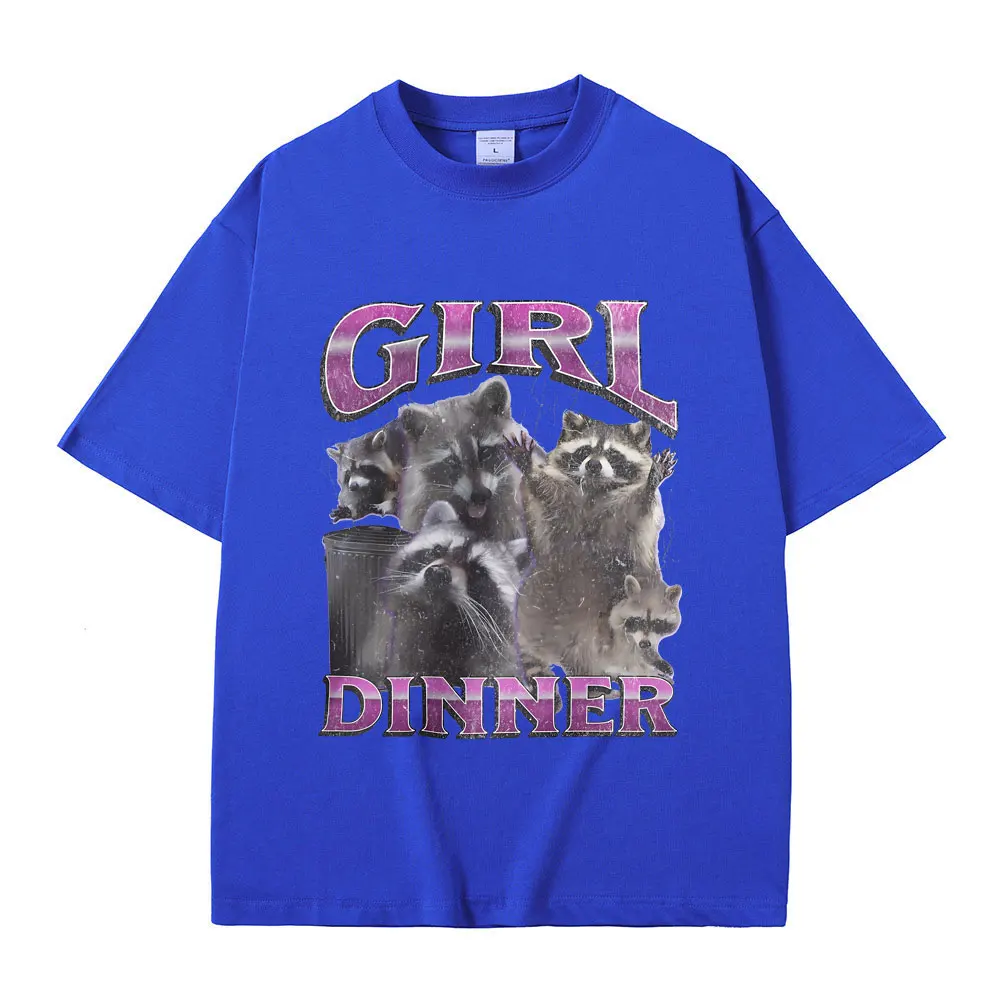 فتاة عشاء مضحك الراكون الجرافيك تي شيرت الرجال النساء Y2K خمر ميمي تي شيرت للجنسين موضة المتضخم O-طوق قصيرة الأكمام #3