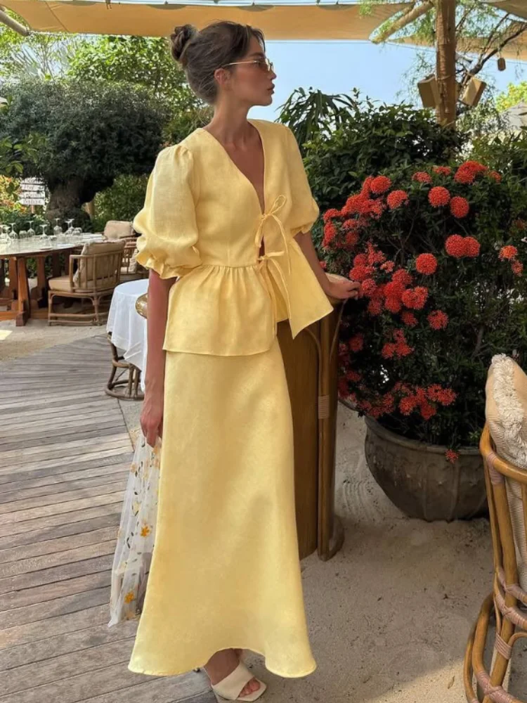 

Elegant Yellow High Waist A-line Long Suit Women Lace Up V Neck Full Sleeve Pleated Shirt Skirts Set Summer Holiday Lady Wear