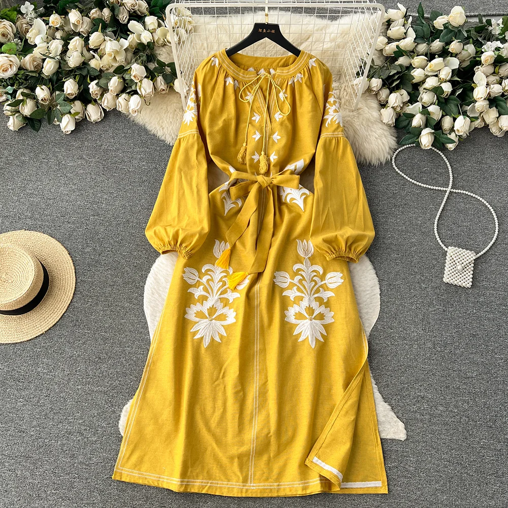 Croysier Boho Dresses For Women 2023 Bohemian Vintage Embroidery Dress With Belt Round Neck Tie Long Sleeve Side Slit Midi Dress