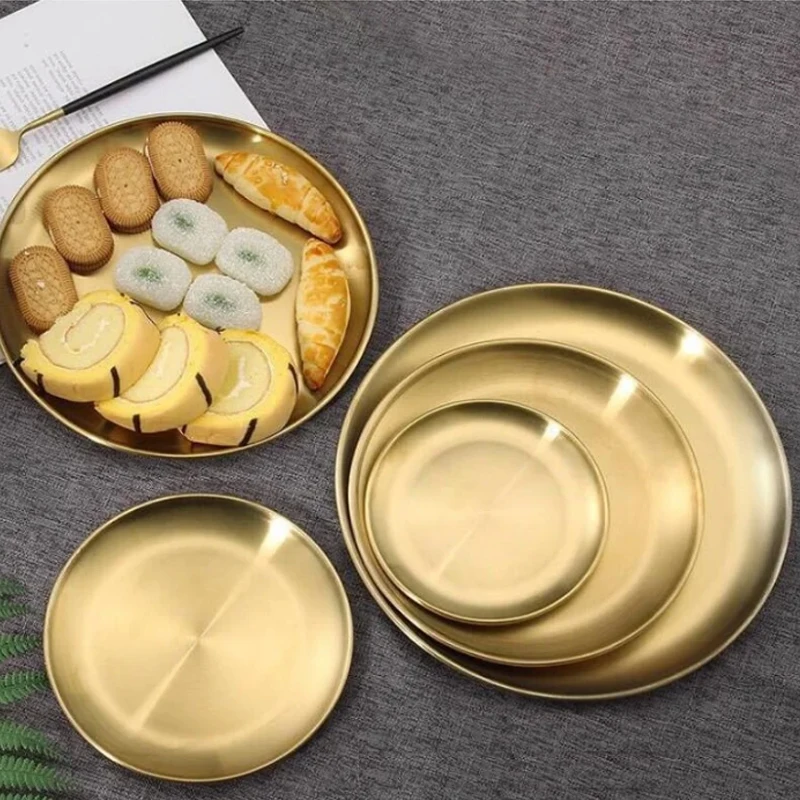 European Style Dinner Plates Gold Dining Plate Serving Dishes Round Plate Cake Tray Western Steak Round Tray Kitchen Plates