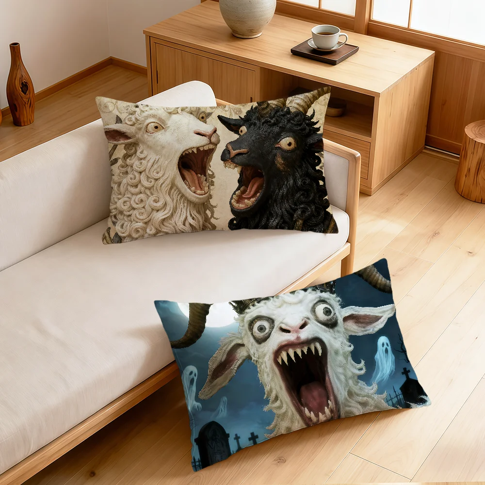 Spooky Goat Face art 2D Alternative Gothic Rectangle Pillow Cover Home Sofa living Room bedside Dorm Coffee Shop Pillowcase gift