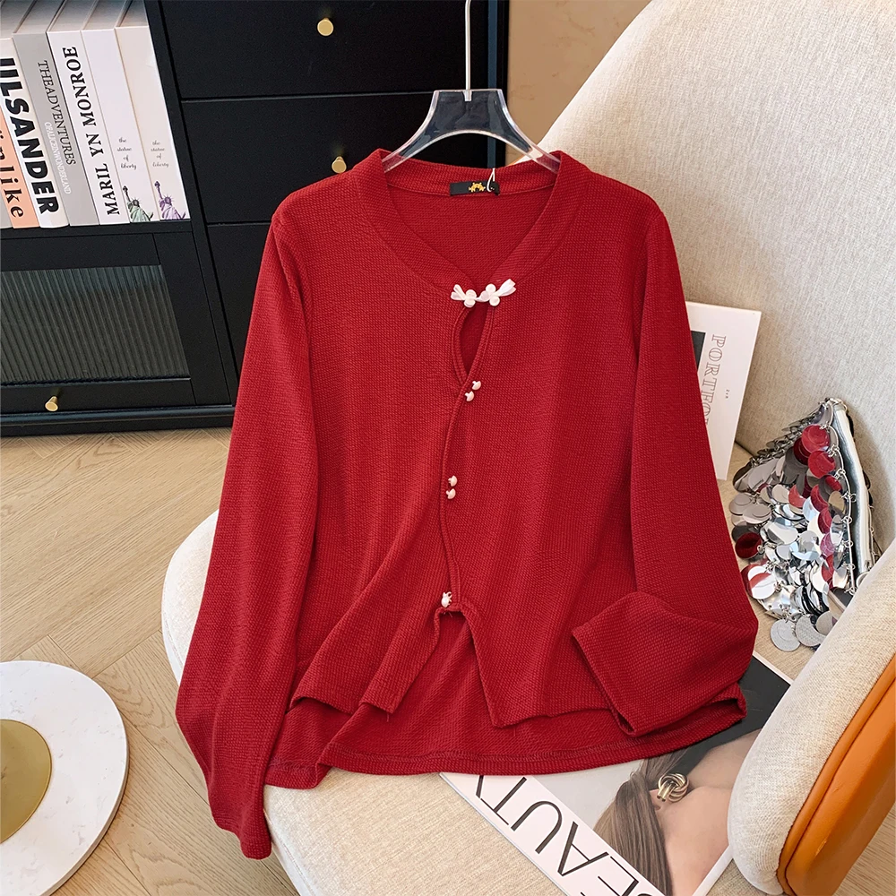 Spring and autumn plus size women's casual Chinese knitwear with half open collar hollow-out loose comfortable long-sleeved top