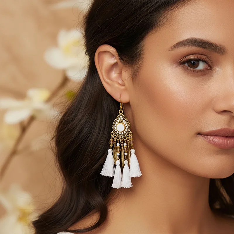 New Bohemian Vintage Water Drop Tassel Earrings for Women Classic Long Drop Glaze Crystal Bead Leaf Dangle Earring Party Jewelry