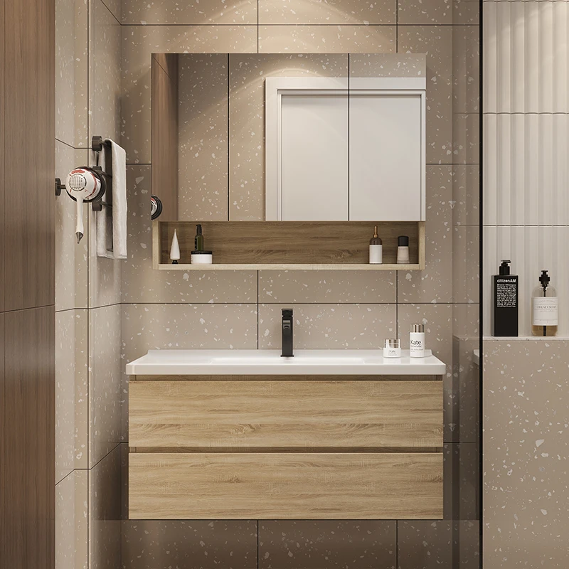 Nordic Modern Minimalist Bathroom Furniture Ceramic Washbasin Cabinet Solid Wood Wall American Mirror Face Wash Combination