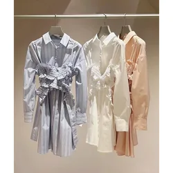 Kuzuwata New Ruffles Lace Up Set Sling+turn-down Collar Long Sleeve Shirt Dress Japan 2024 Spring New Moda Suits Casual Vestidos