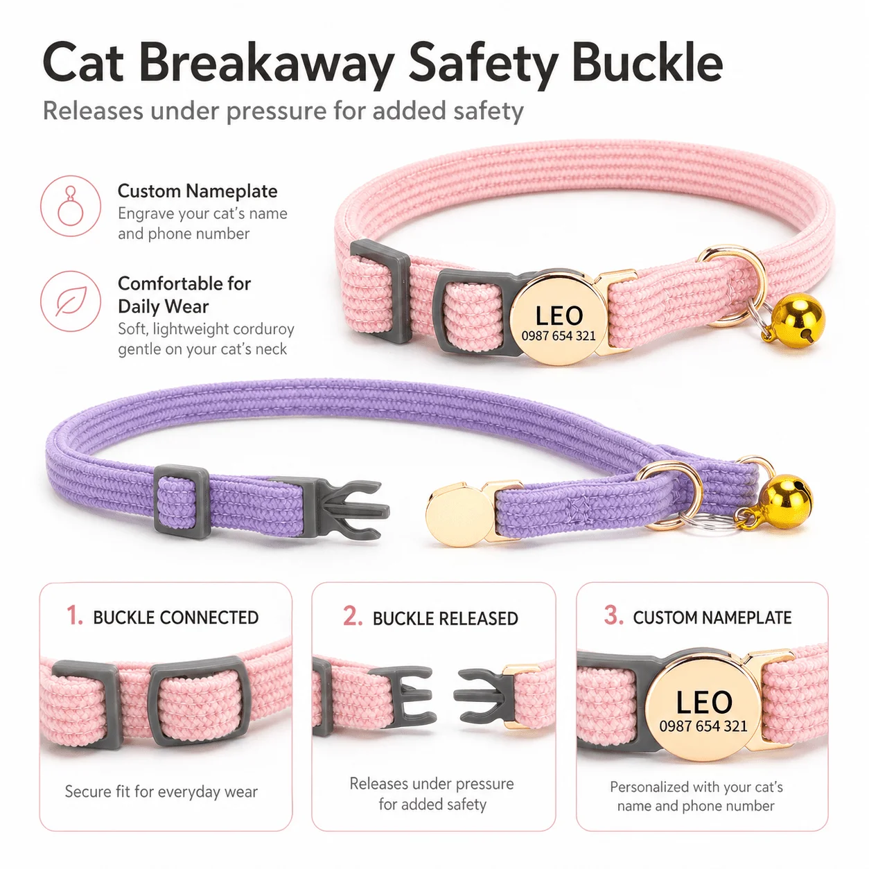 Personalisiertes Katzenhalsband mit Lasergravur, Anti-Verlust-Halsband, weiches Cord-Kätzchenhalsband mit Sicherheits-Abreißschnalle – Detail 1