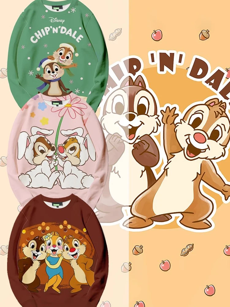 Soft and cute Disney Chip 'n' Dale Cartoon Anime Print Women's round neck pullover Autumn and Winter Couple's clothing pullover