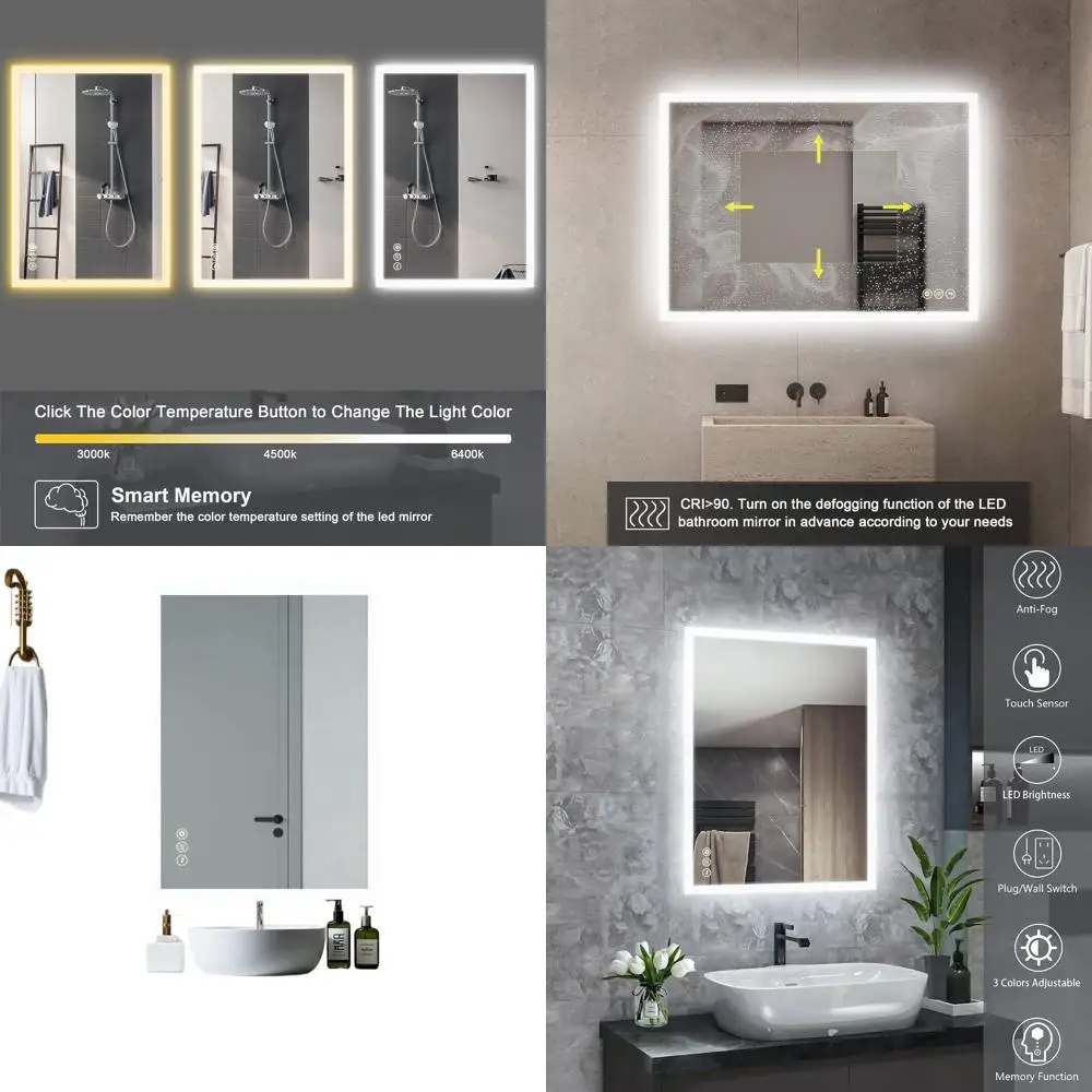 

Зеркало для макияжа с LED-подсветкой, настенное, 20x28 дюймов, сенсорное управление, горизонтальное/вертикальное крепление, защита от запотевания