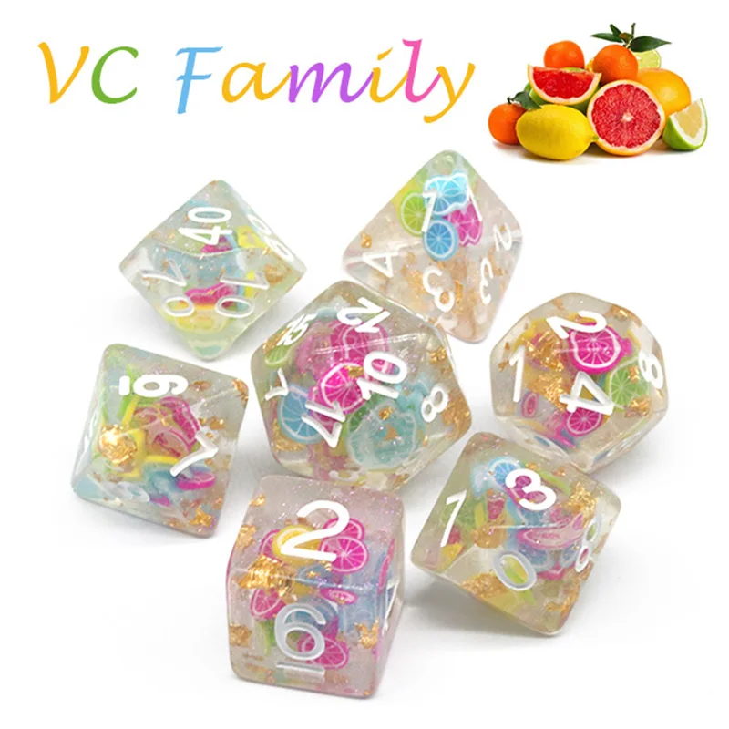 7pcs/Set Color Transparent Resin DND Dice Fruit Theme Polyhedral RPG Game Dice Leisure Entertainment Toys Game Accessories