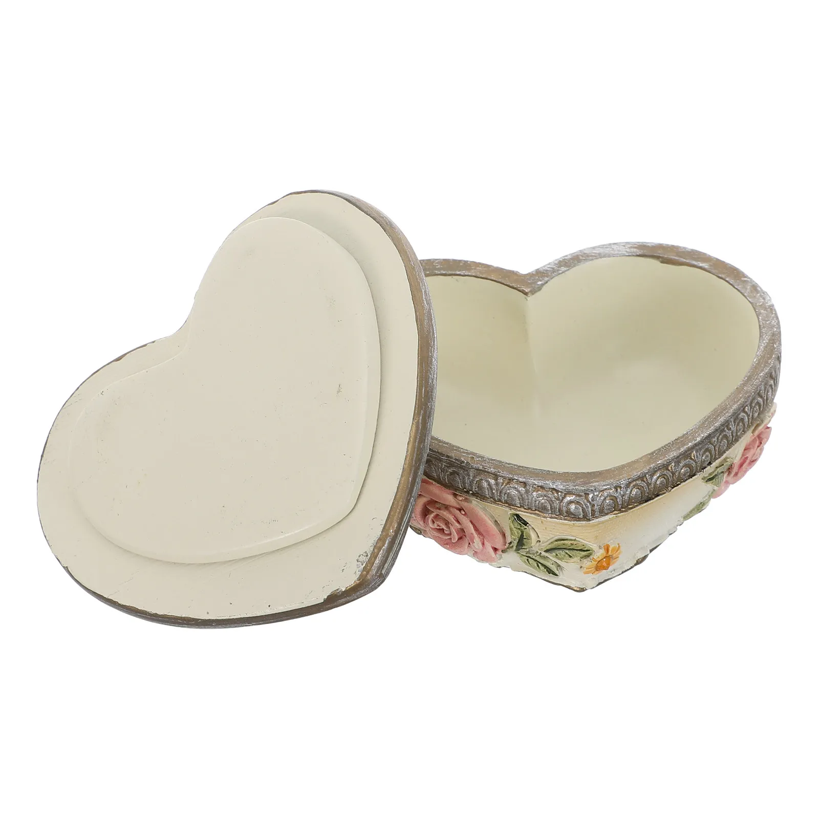 Heart Shape Jewelry Box Vintage Carved Treasure Chest Lid Ring Earrings Necklace Storage Organizer Keepsake Decorative Organizer