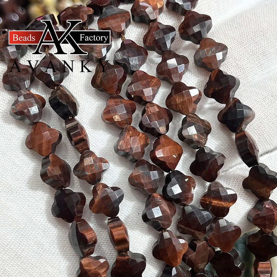 

10mm Natural Red Tiger Eye Stone Clover Shape Beads Flower Faceted Jewelry Making DIY Necklace Bracelet Accessory 15''