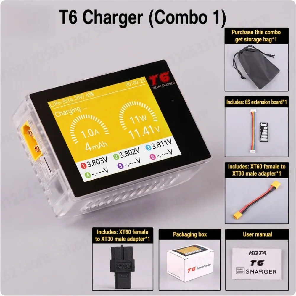 T6 300W 15A DC/PD Smart Balance Charger 1-6S LiPo LiHV for FPV Drone RC Car Battery