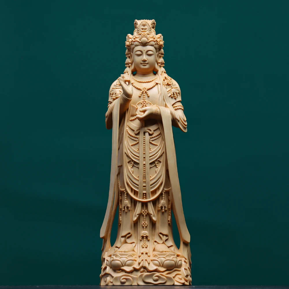 Estátua/Figurina de Guan Yin (Kuan Yin) em pé com vaso e base de lótus, esculpida à mão em madeira Hinoki. Templo espiritual, altar doméstico.