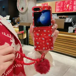 Red Flowers Phone Case For Samsung Galaxy Z Flip 5 6 7 5G Bracelet Hairball PC Hard Shell Protective Flip6 Back Cover