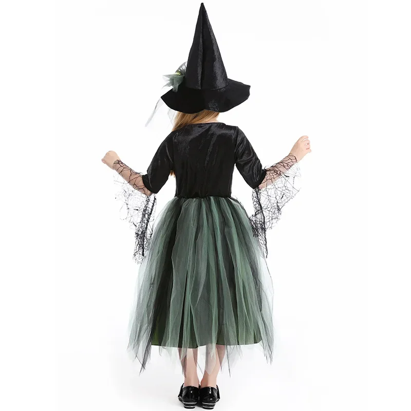 Children's Halloween Costume Green Gauze Witch Dress With Hat Camellia Cobweb Witch Holiday Dress Stage Cosplay Wear