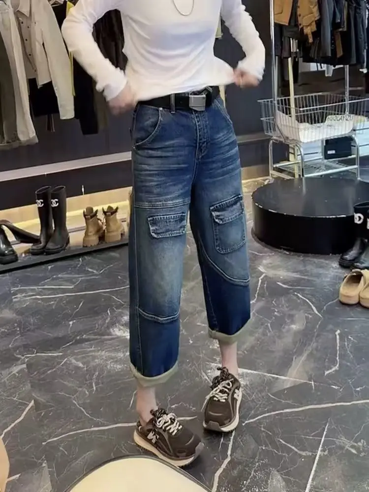 

2025 Autumn New Nine Cropped Pants Straight leg Jeans Women Large Size Pocket Decoration Design Stylish Cargo Haren Pants
