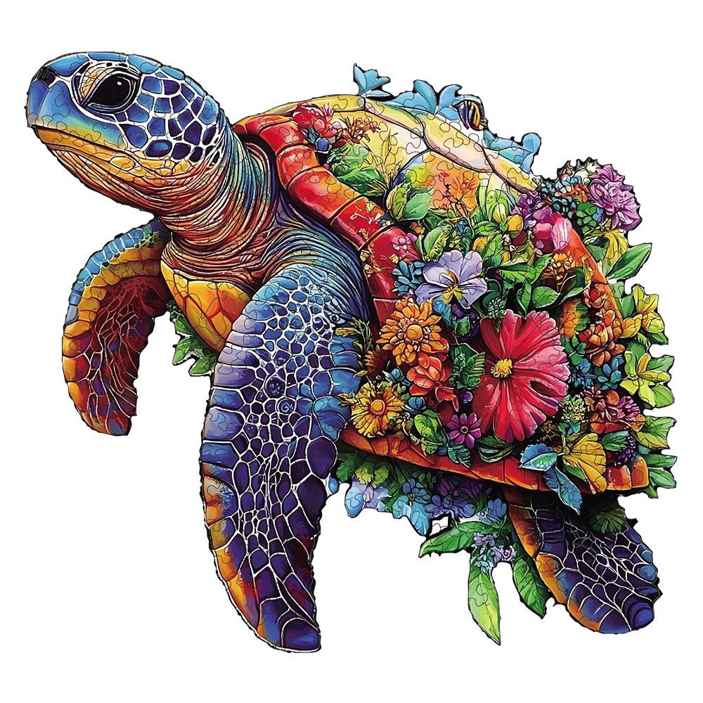 Flower sea turtle Wooden Puzzle, Irregular Animal shaped Pieces, High-difficulty Magic Puzzle Intellectual Toy, Birthday Holiday Christmas Exquisite Gift, Family Game Home Decor