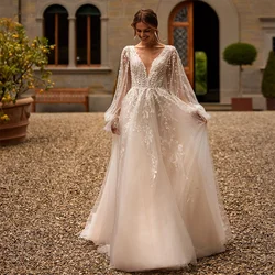 Eightree Elegant Wedding Dresses A-Line V Neck Appliques Puff Sleeve Wedding Gowns Beach Bridal Prom Dress Backless Customized