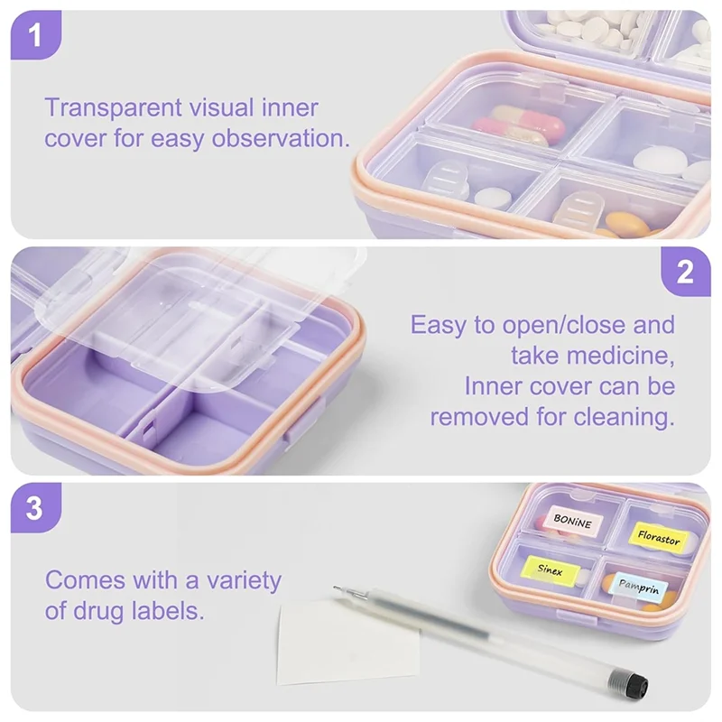 AAAN-Travel Medicine Box With Labels 7-Compartment Portable Mini Medicine Box Pocket Medicine Box Daily Medicine Storage Box
