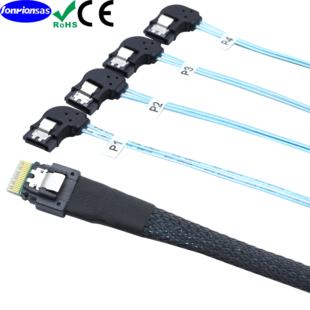 PCI-E Ultraport Slimline SAS 4.0 38pin SFF-8654 4i ke 4X SATA 7P kabel sudut kiri wanita