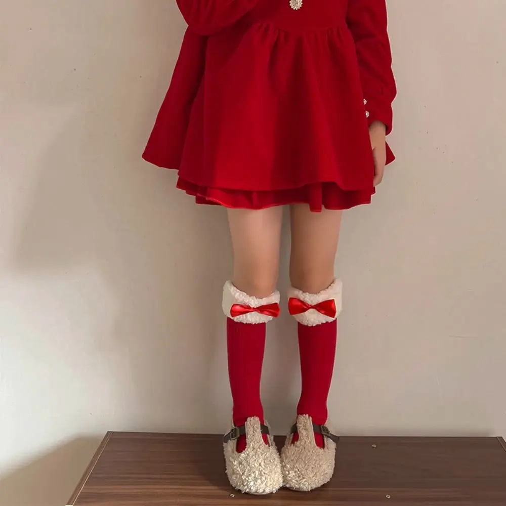

Kawaii Female Hosiery New Year Red Socks Bow Cotton Children Red Socks Thicken Floor Socks Middle Tube Socks Autumn