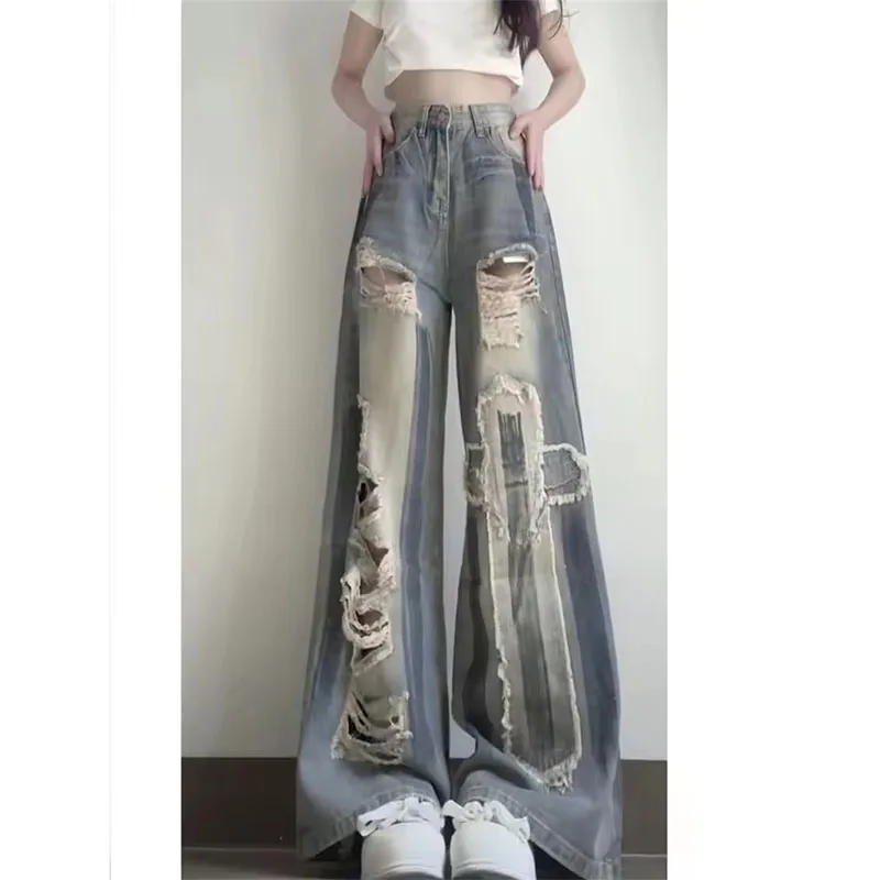 

Summer New American Style Casual Retro High Waist Loose Ripped Wide Leg Jeans Women Trendy Temperament Street Straight Leg Pants