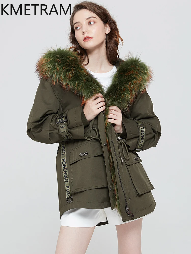 KMETRAM-Chaqueta Parka de piel de conejo Rex Natural con forro extraíble, abrigo de piel auténtica verde, ropa corta de moda para mujer de invierno 2025