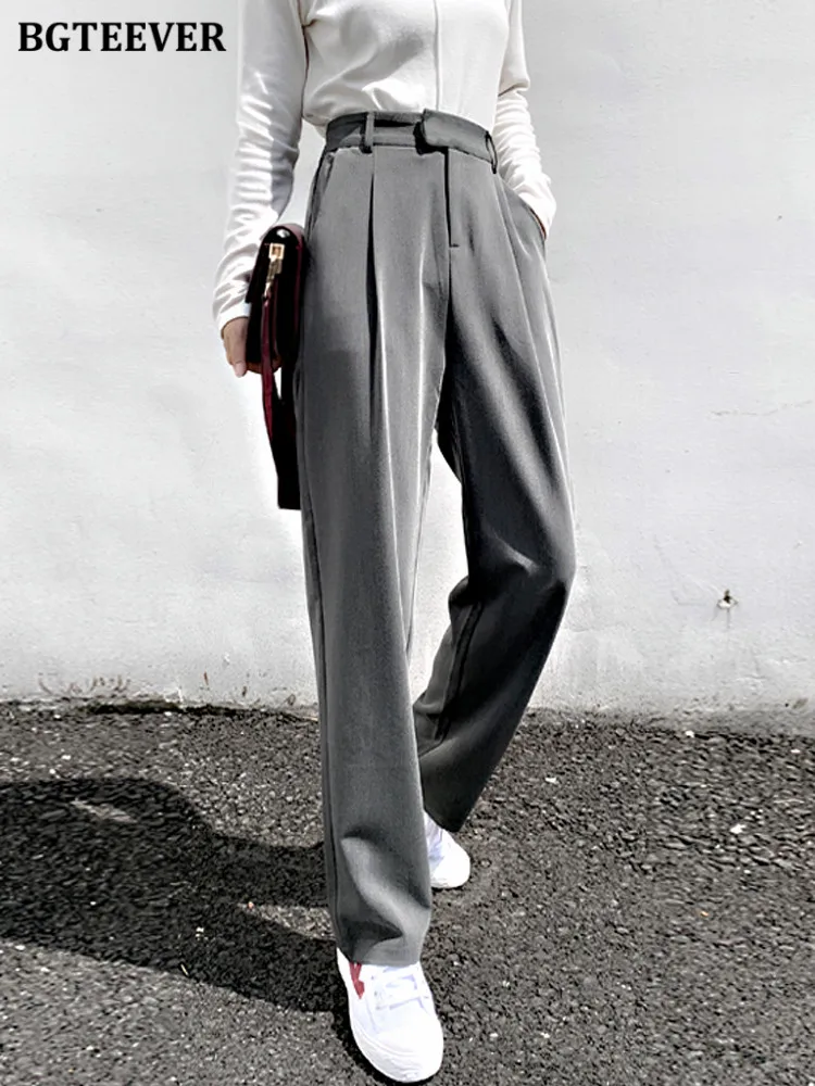 

BGTEEVER Spring Summer Loose Single Button Straight Long Pants Women High Waist Pockets Casual Ladies Wide Leg Trousers