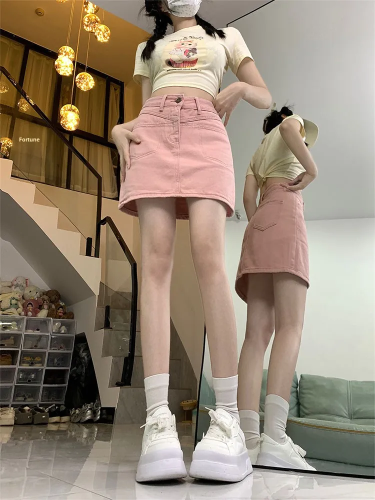 

Розовая джинсовая юбка А-силуэта с высокой талией для женщин, короткая, весна-лето, утягивающая, больших размеров, скрывающая живот