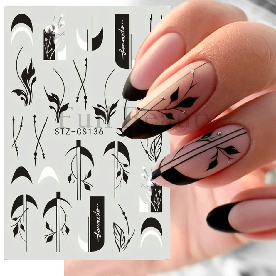 3D francuski geometryczne Manicure paznokci naklejki czarna biała linia liści naklejki Galanthus Nivalis suwak zdobienie paznokci dekoracje GLSTZ-CS136