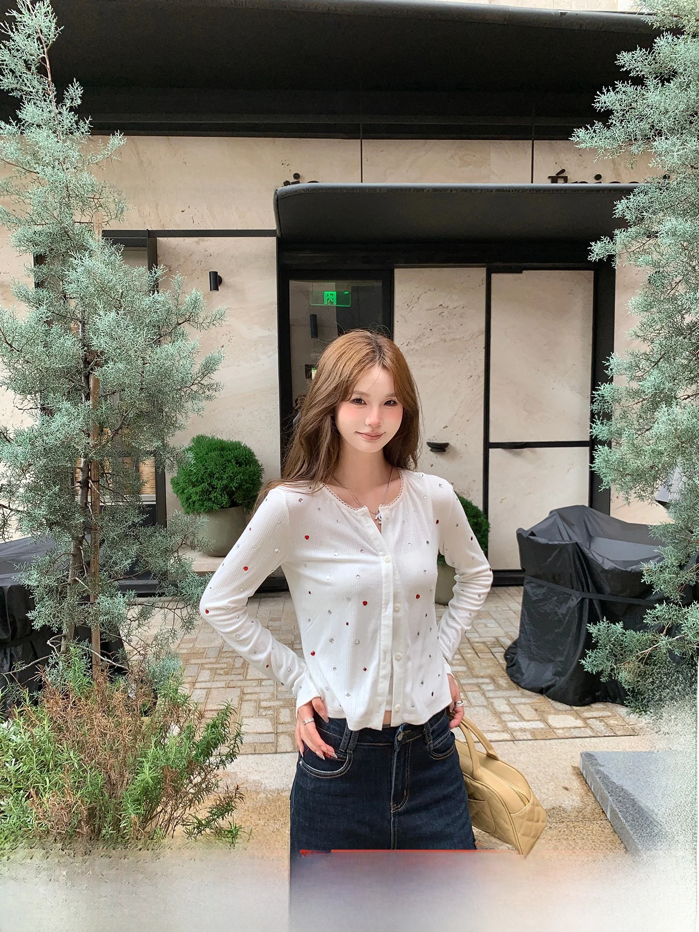 

Anneop Star Diamond Sweetheart Korean Sle Age Reduction Rhinestone Knitted Cardigan Women's Sweet Lace Trim Two-Piece Set