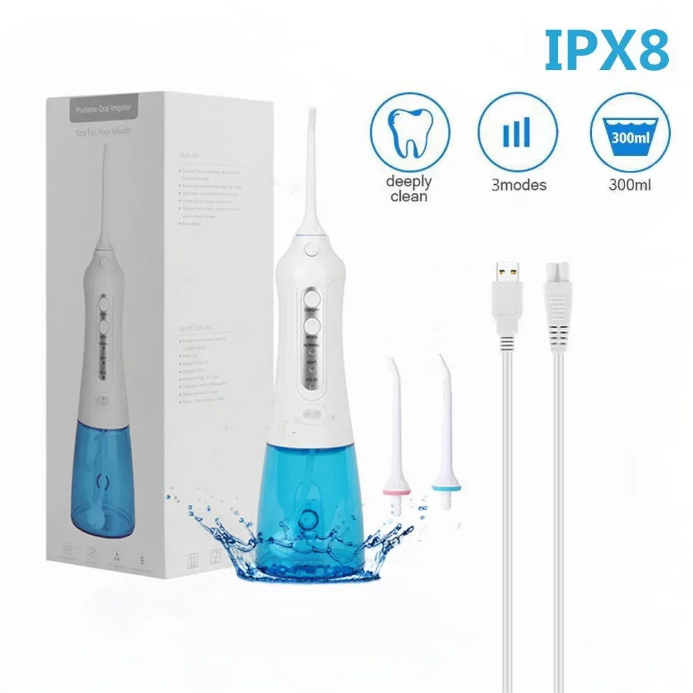 

USB Rechargeable Electric Oral Irrigator Water Flosser 300ML Water Tank Waterproof 3 Modes 2 Jet Tips Dental Tooth Clean Device