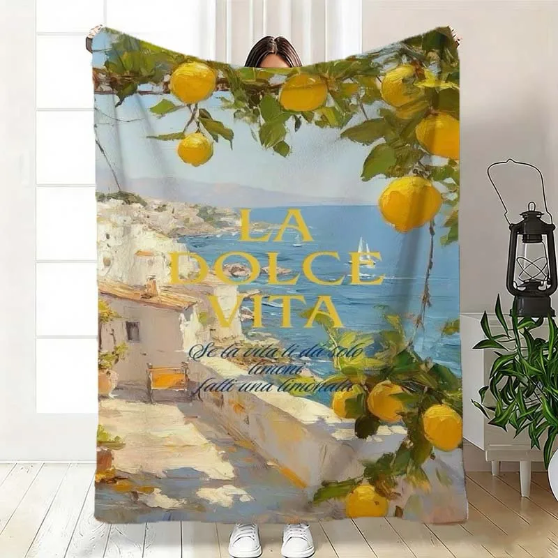 Italian Coastal Scenery Lemon Vintage Letter Oil Art Pattern Soft Blanket Fit Living Room Bed Travel Multi-scene Home Daily Use