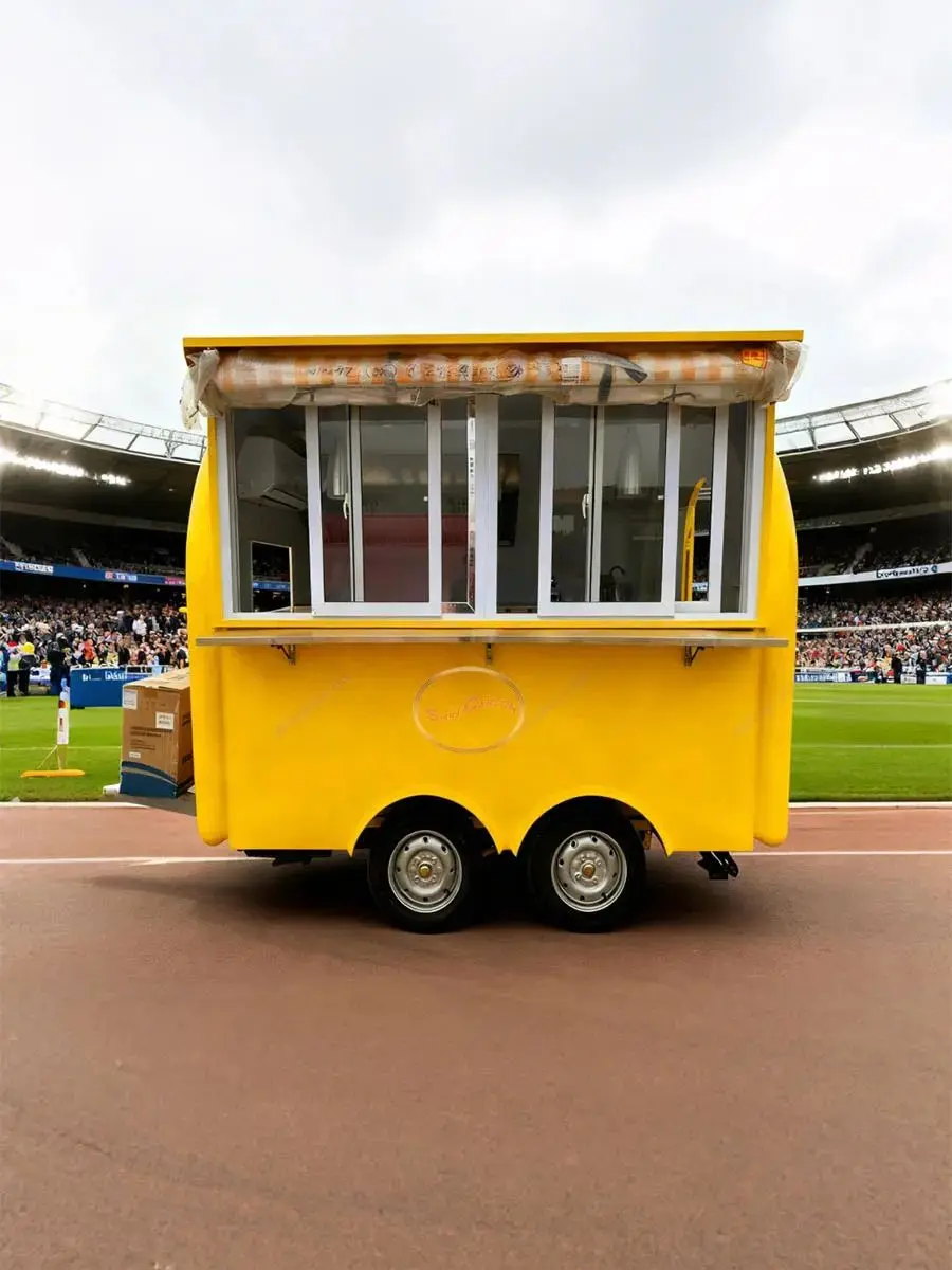 

Outdoor Food Trailer Yellow Main Body Dual-Wheel Hitch Towed Car Compatible Mobile Kitchen Stand for Street Food